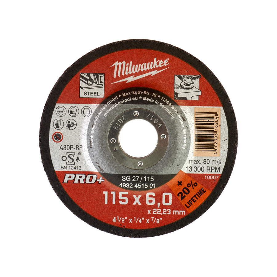 Диск шлифовальный по металлу/нерж. MILWAUKEE PRO+ SG 27/115, D115x6x22.2мм 4932451501