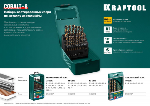 KRAFTOOL COBALT-8, 10 шт, (1-10 мм), сталь М42, HSS-Co(8%), набор сверл по металлу (29656-H10)