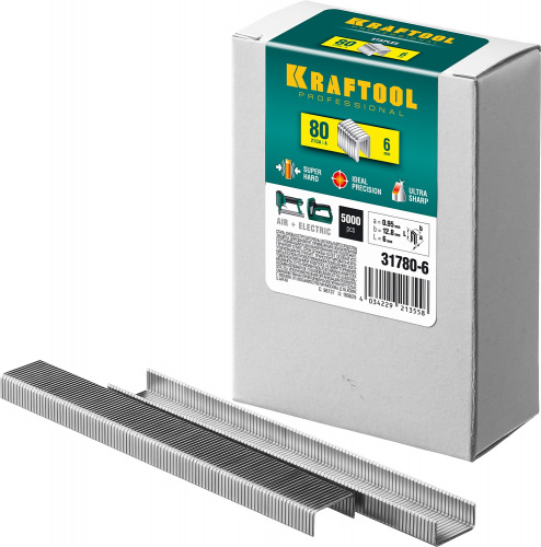 KRAFTOOL скобы тип 80 (BeA/Prebena A/Senco AT), 6 мм, калибр 21GA. 5000 шт (31780-6)